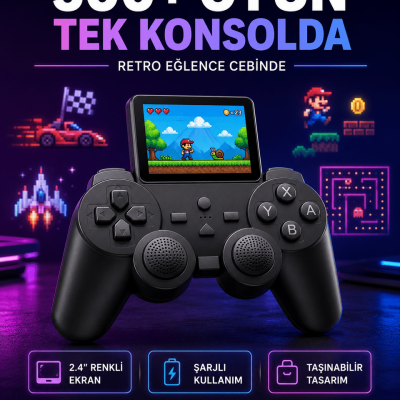 Çocuklar ve Yetişkinler İçin Uygun 500 Oyunlu Taşınabilir Mini Retro El Konsolu