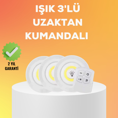 Çok Amaçlı Kullanım İçin Kablosuz Yapışkanlı 3 Lü Uzaktan Kumandalı Led Spot Lamba