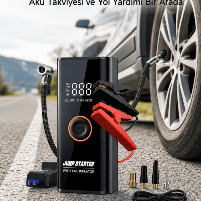 Çok Fonksiyonlu Araç Yol Yardım Kiti Jump Starter ve Lastik Pompası Yeni Nesil