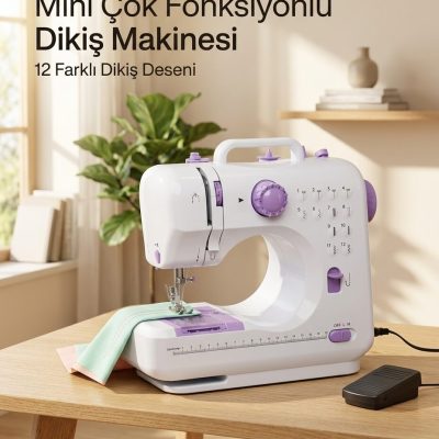 Çok Fonksiyonlu Mini Dikiş Makinesi 12 Dikiş Seçenekli 2 Kademeli Hız Ayarlı