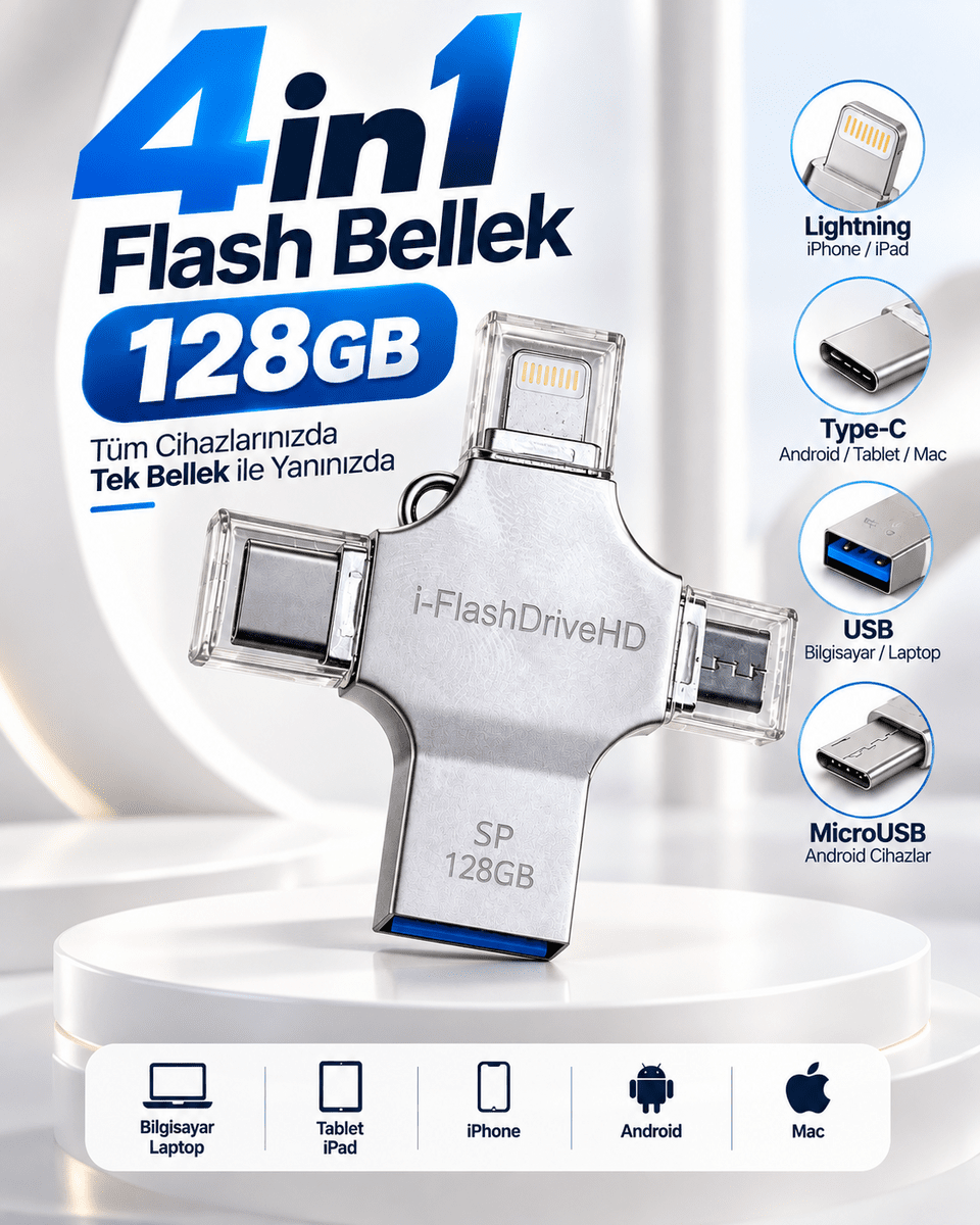 Çoklu Cihaz Uyumlu 128GB 4in1 USB Flash Bellek Lightning Type-C USB-A MicroUSB