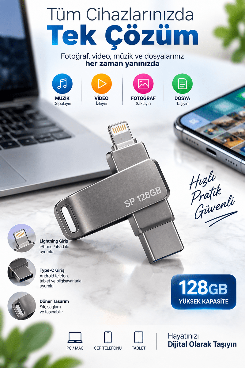 Kompakt Tasarımlı 128GB Çok Amaçlı USB Flash Bellek Lightning Type C Girişli Taşınabilir Depolama