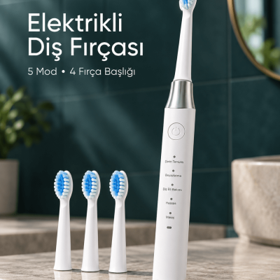 Değiştirilebilir Başlıklı Beyaz Elektrikli Diş Fırçası 5 Mod ve 3 Yedek Başlık