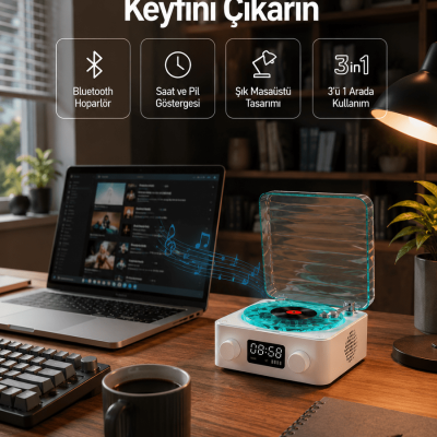Dekoratif Gece Işıklı Bluetooth Hoparlör – Zaman ve Pil Ekranlı