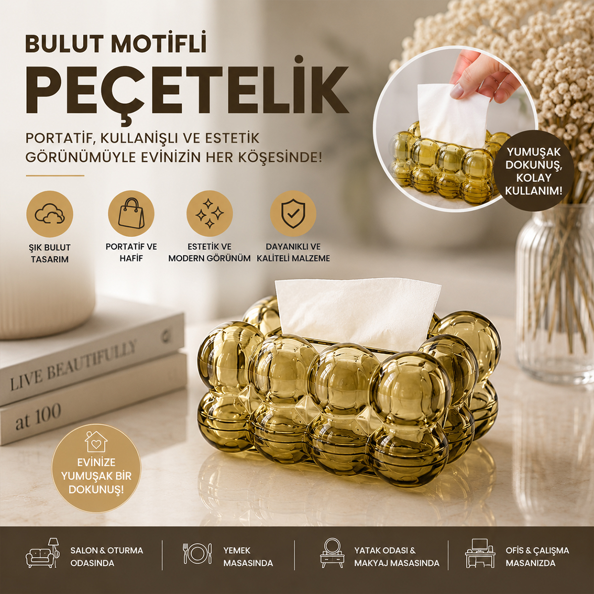Dekoratif Masaüstü Bulut Peçetelik Şeffaf Yaylı 19x13x9.5 cm