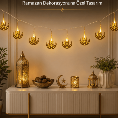 Dekoratif Minareli Hilal LED Işık Metal Gövdeli Ramazan Aydınlatma