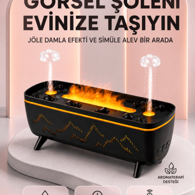 Dekoratif Siyah Hava Nemlendirici Jöle Damla ve Alev Efektli LED Işıklı Aroma Difüzörü