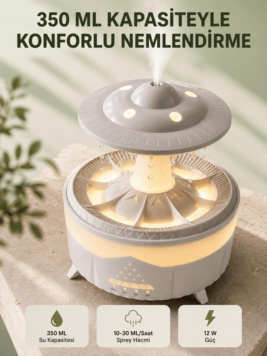 Dekoratif UFO Hava Nemlendirici Simüle Yağmur Damlalı Renkli Gece Işıklı 350 ML