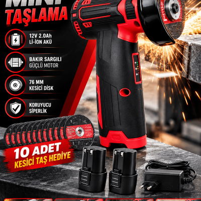 DFL70 Şarjlı Mini Taşlama Makinesi 12V Li-Ion Çift Akü 76 mm Kesici Disk ve 10 Adet Taş