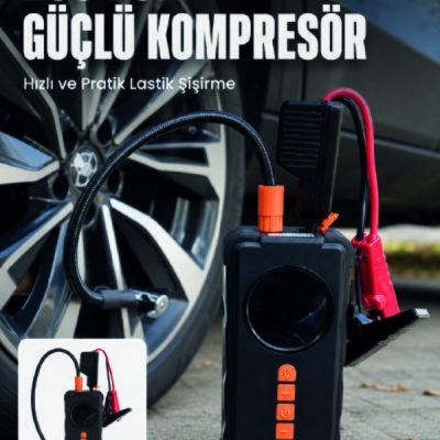 Dijital Araç Kompresörü 4 Fonksiyonlu Akü Takviye Lastik Şişirme Powerbank ve LED El Feneri