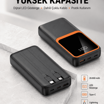 Dijital Ekranlı 20.000 mAh Powerbank | 22.5W Hızlı Şarj + Çoklu Bağlantı Seçeneği Yeni Nesil