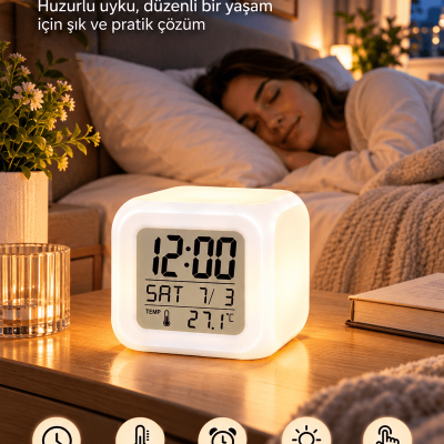 Dijital Ekranlı Küp Saat LED Işıklı Alarm ve Sıcaklık Göstergeli