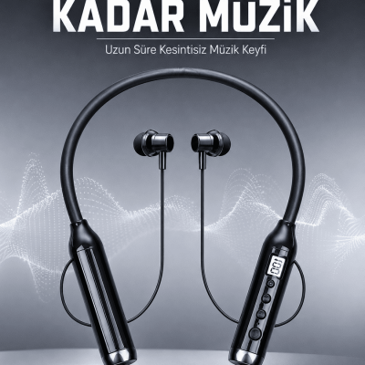 Dijital Göstergeli Boyun Tipi Bluetooth Kulaklık Mikrofonlu Çağrı ve Müzik Kontrollü Çift Cihaz Bağlantılı Kulaklık