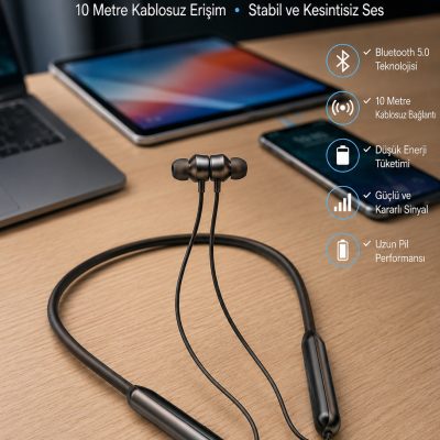 Dijital Göstergeli Kulak İçi Kablosuz Bluetooth Kulaklık Boyun Bantlı Yeni Nesil