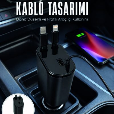 Dijital Voltaj Göstergeli Araç Şarj Cihazı Geri Çekilebilir Kablolu 4 Portlu Hızlı Şarj Adaptörü