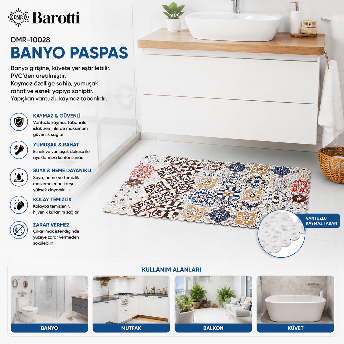Dikdörtgen Kaydırmaz Su Emici Banyo Paspası 70x34 cm