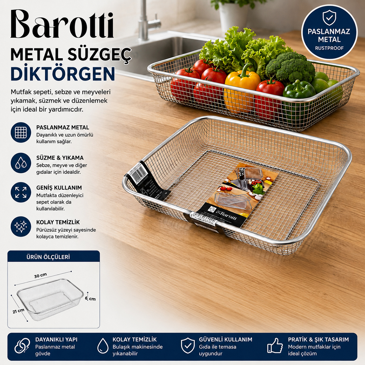 Dikdörtgen Tel Sepet Metal Süzgeç