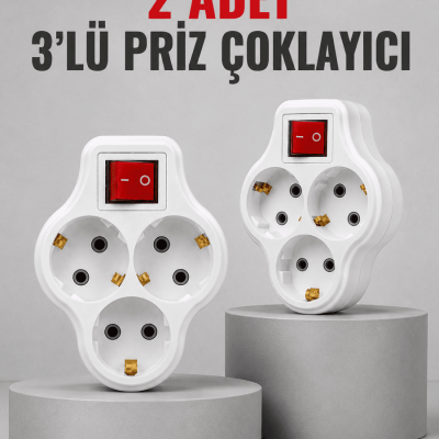 Direkt Duvar Prizine Takılan 3’lü Priz Adaptörü Anahtarlı Priz Çoklayıcı 2 Adet