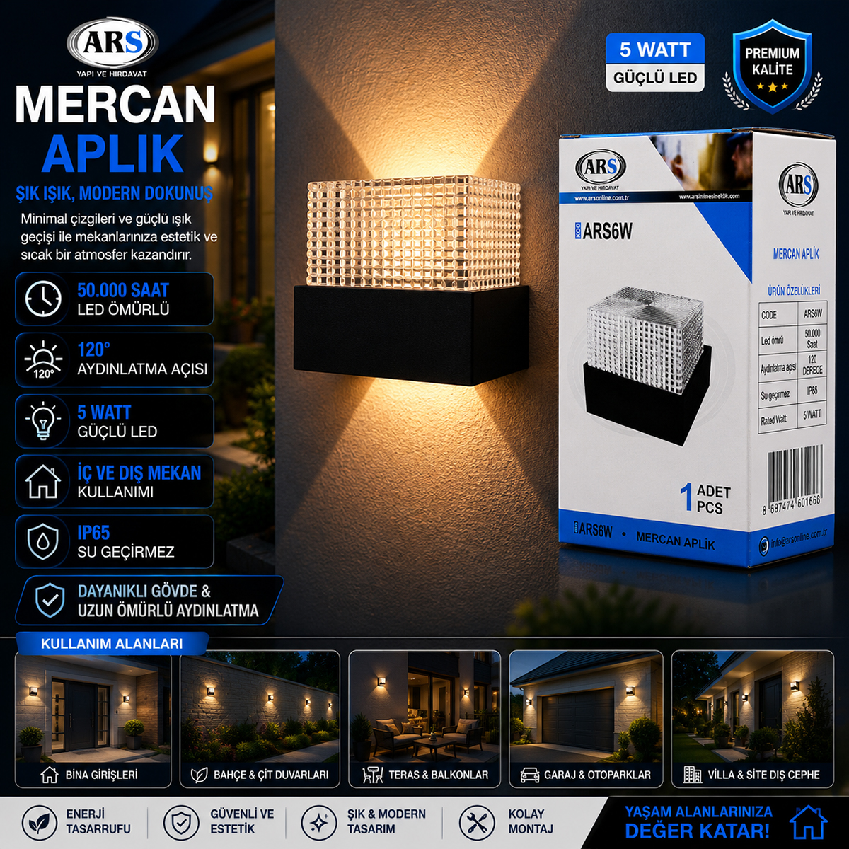 Dış Mekan LED Aplik Duvar Lambası 5W IP66 50.000 Saat