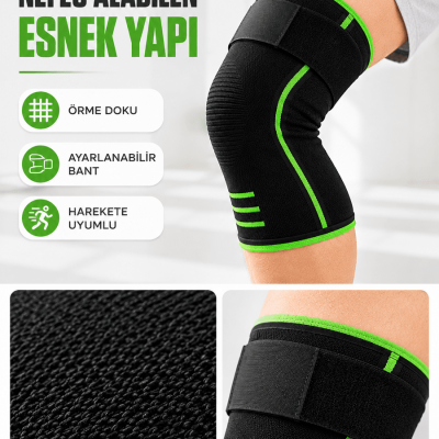 Sporcu Dizliği Siyah Yeşil Esnek Nefes Alabilen Destek Bantlı Dizlik