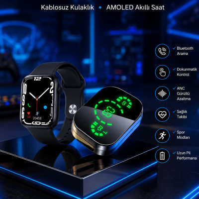 Dokunmatik Akıllı Saat Yeni Nesil Kulaklık Kampanyası ANC Özelliği Yüksek Ses Kaliteli