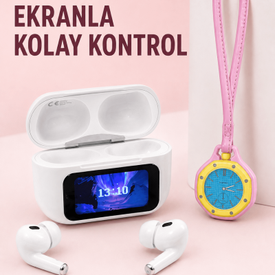 Dokunmatik Ekranlı Kablosuz Kulaklık ve Pembe Çanta Aksesuar Saati Avantajlı Set