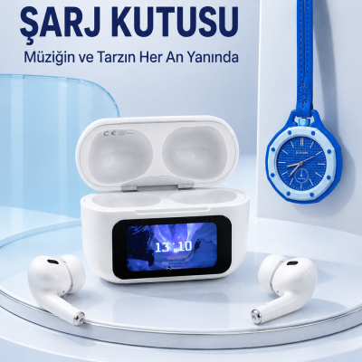 Dokunmatik Kablosuz Kulaklık + Mavi Askılı Analog Charm Saat İkili Set