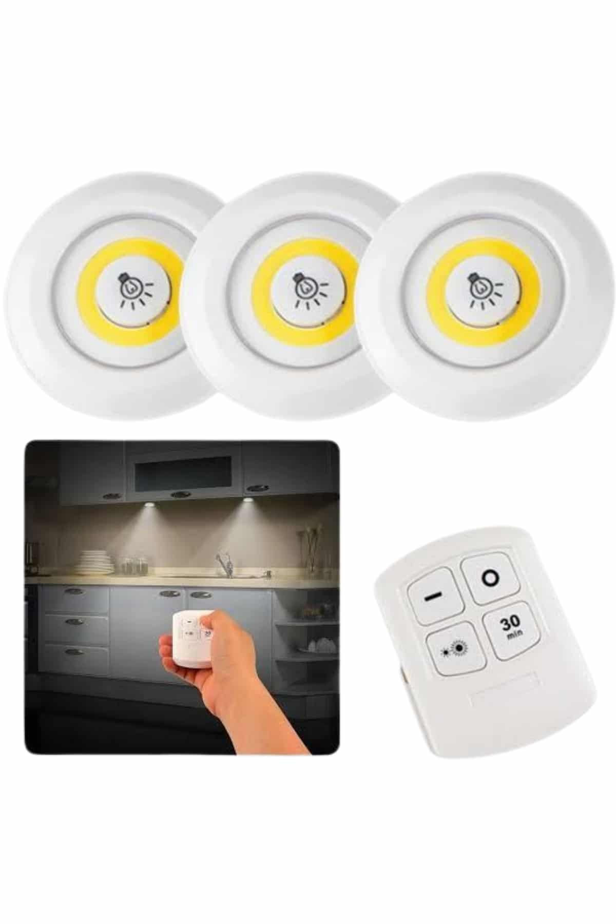 Dolap Işığı Mutfak Rafı Işığı Uzaktan Kumandalı 3 Lü Spot Led Lamba