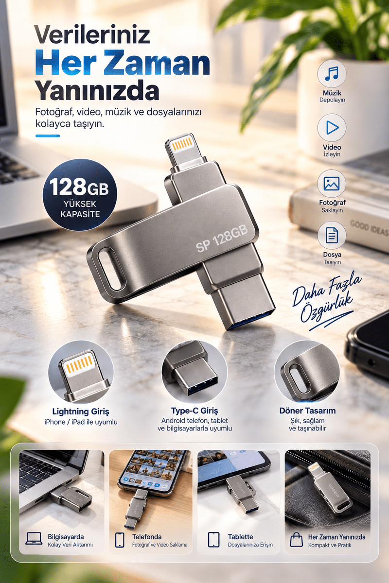 Döner Tasarımlı 128GB Lightning Type C USB Flash Bellek Telefon Tablet ve Bilgisayar Uyumlu