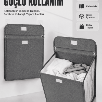 Duvara Asılabilir Katlanabilir Kirli Çamaşır Sepeti Geniş Hacimli Düzenleyici
