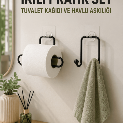 Duvara Yapışkanlı 2’li Düzenleme Seti Havlu Askısı ve Tuvalet Kağıdı Tutucu
