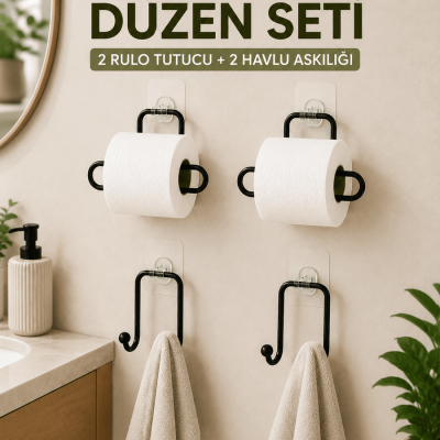 Duvara Yapışkanlı Rulo Kağıtlık ve Havlu Askılığı 2’şer Adet 4’lü Set
