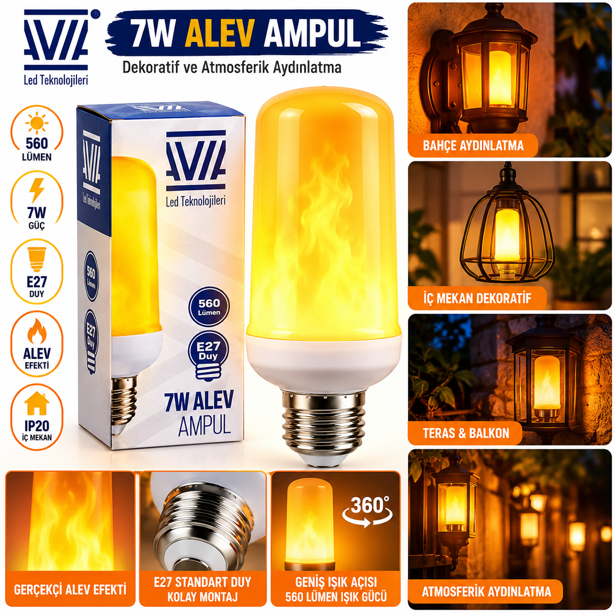 E27 Alev Görünümlü Ampul 7W 560 Lümen IP20