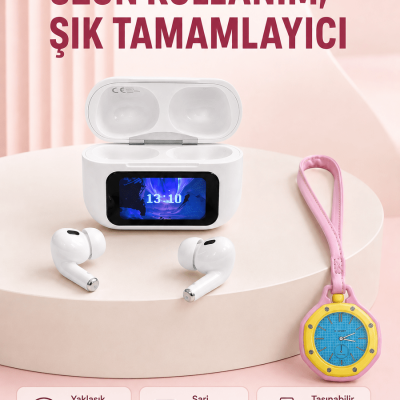 Ekranlı Kablosuz Kulaklık ve Pembe Çanta Charm Saat Kampanya Seti