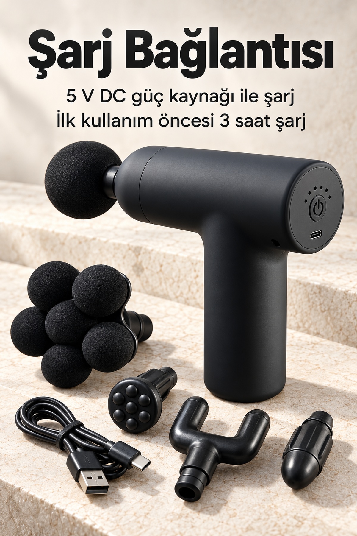 El Tipi Masaj Tabancası Top Başlıklı Siyah Gövde