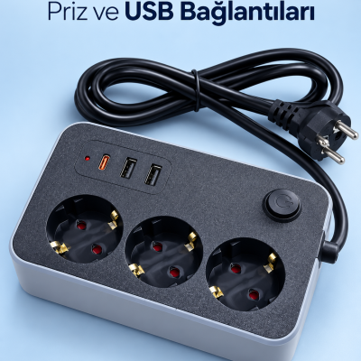 Elektrik ve Şarj Bağlantılarını Bir Arada Sunan USB ve Type C Çıkışlı Akım Korumalı Priz