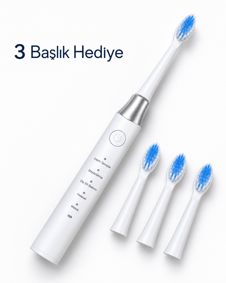1. Hassas ve Masaj Modlu USB Şarjlı Beyaz Elektrikli Diş Fırçası 3 Başlık Hediyeli
