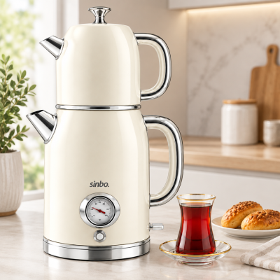 Elektrikli Retro Çay Seti 1600W Cam Demlik 1.8L+1L Derece Göstergeli