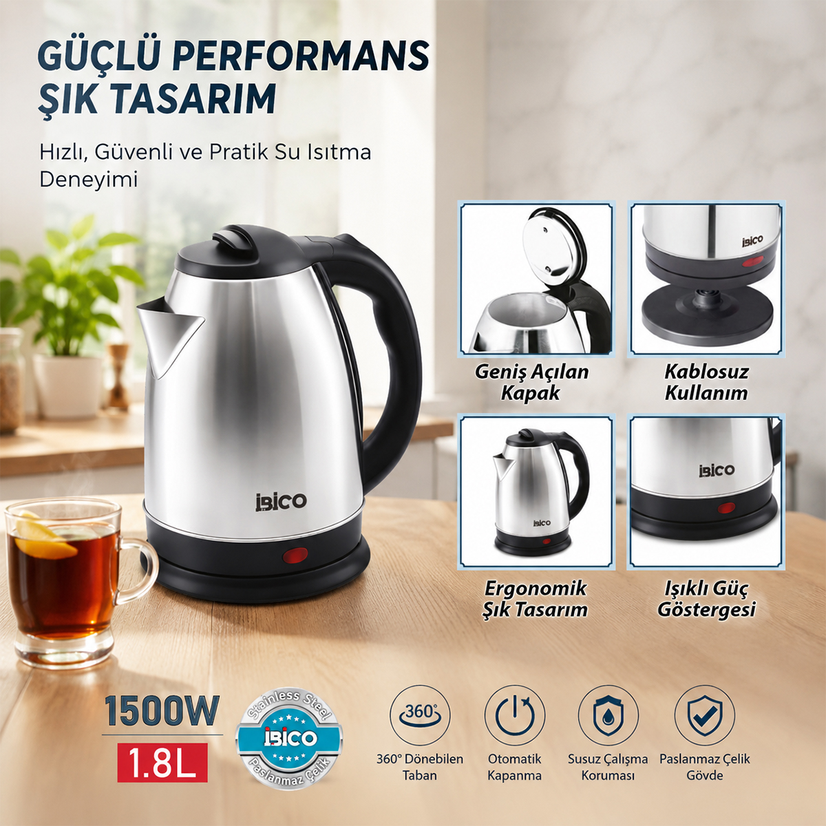 Elektrikli Su Isıtıcısı 1.8L 1500W Paslanmaz Çelik