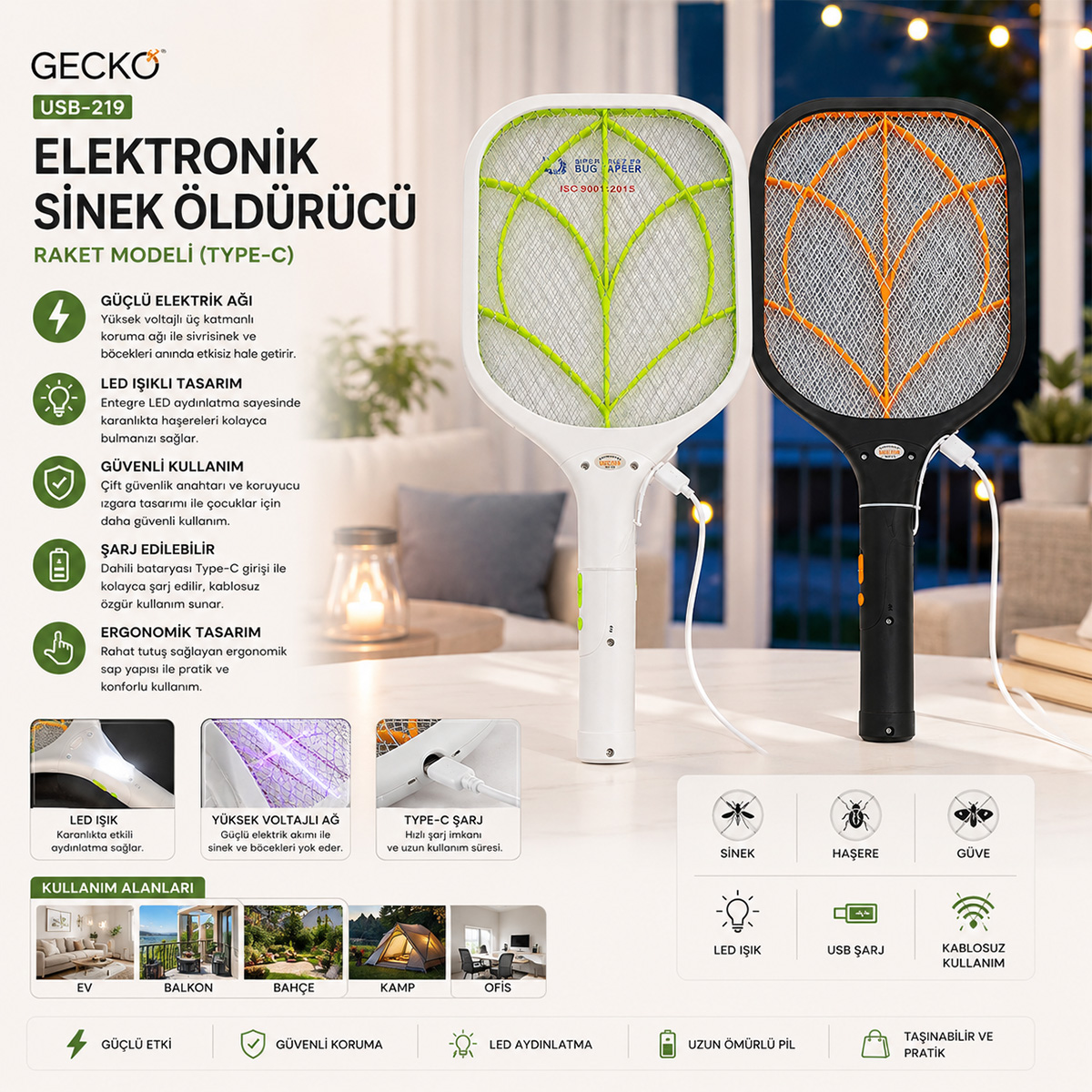 Elektronik Sinek Öldürücü Raket Type-C Şarjlı
