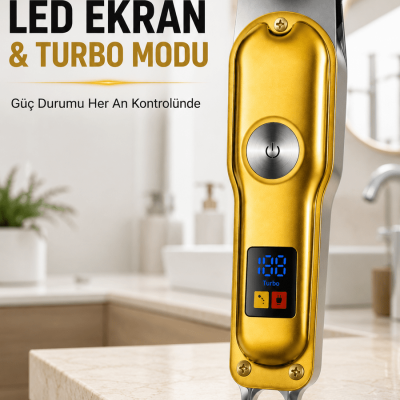 Erkek Saç Sakal Tıraş Makinesi LED Ekranlı Turbo Modlu T Bıçaklı Ense Favori Şekillendirme Makinesi