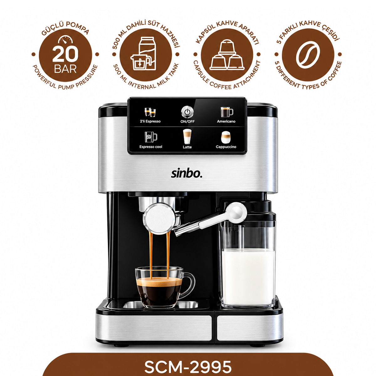 Espresso Kahve Makinesi 6 Programlı, 1.5L Su & 500ml Süt Hazneli