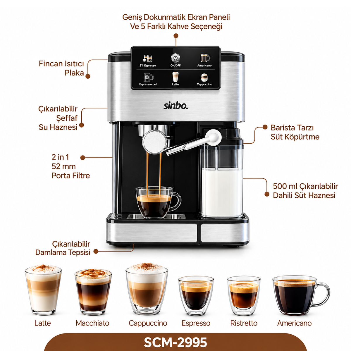 Espresso Kahve Makinesi 6 Programlı, 1.5L Su & 500ml Süt Hazneli