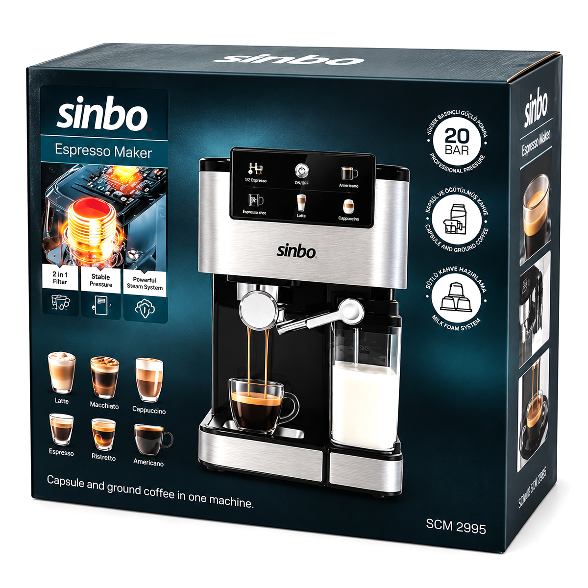 Espresso Kahve Makinesi 6 Programlı, 1.5L Su & 500ml Süt Hazneli
