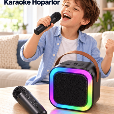 Evde Karaoke İçin Çift Mikrofonlu Şarj Edilebilir Kablosuz Hoparlör
