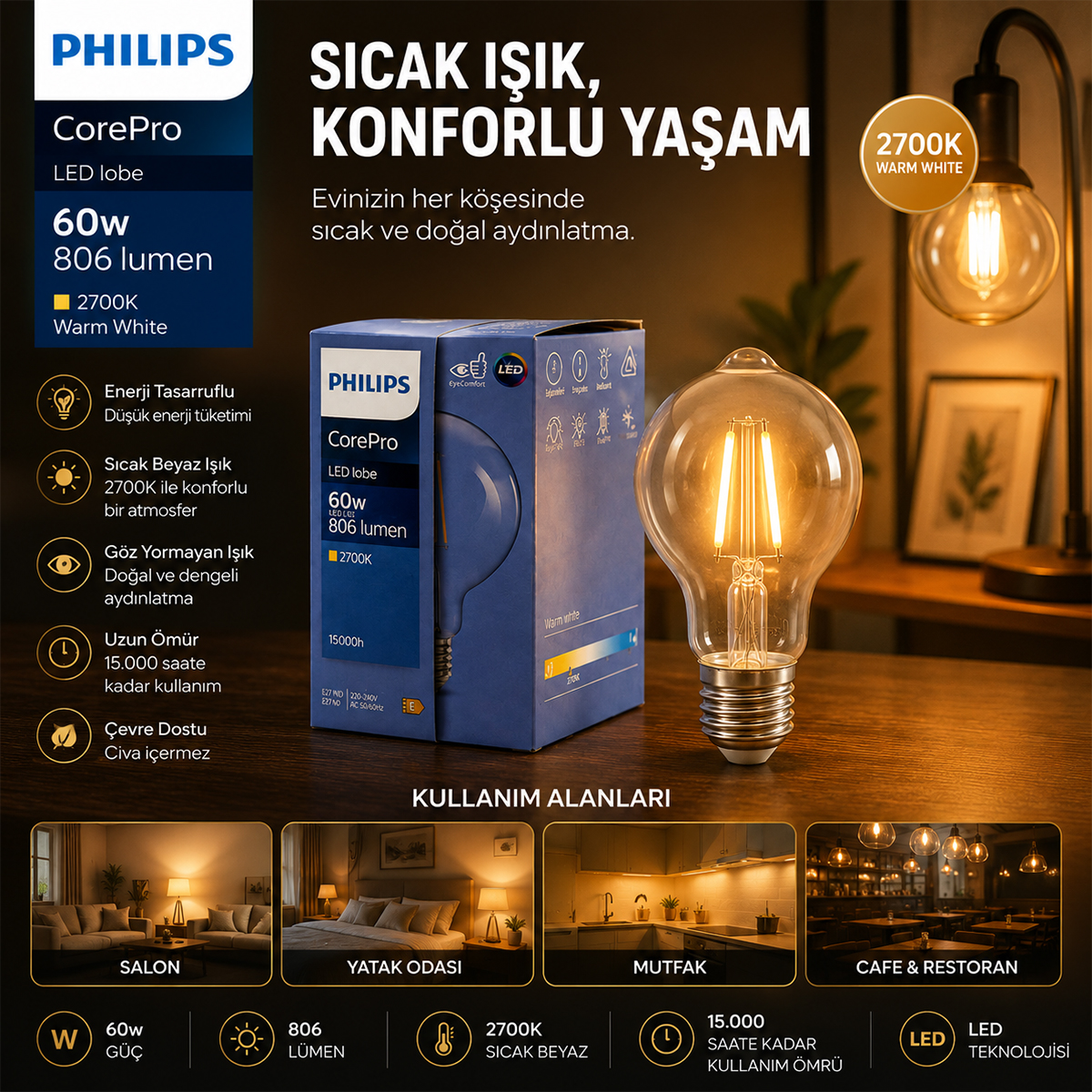 Filament Rustik G93 E27 LED Ampul 2700K