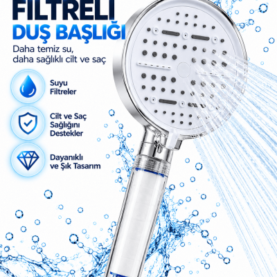Filtreli 6 Sprey Modlu Duş Başlığı Büyük Panel Beyaz Çok Fonksiyonlu