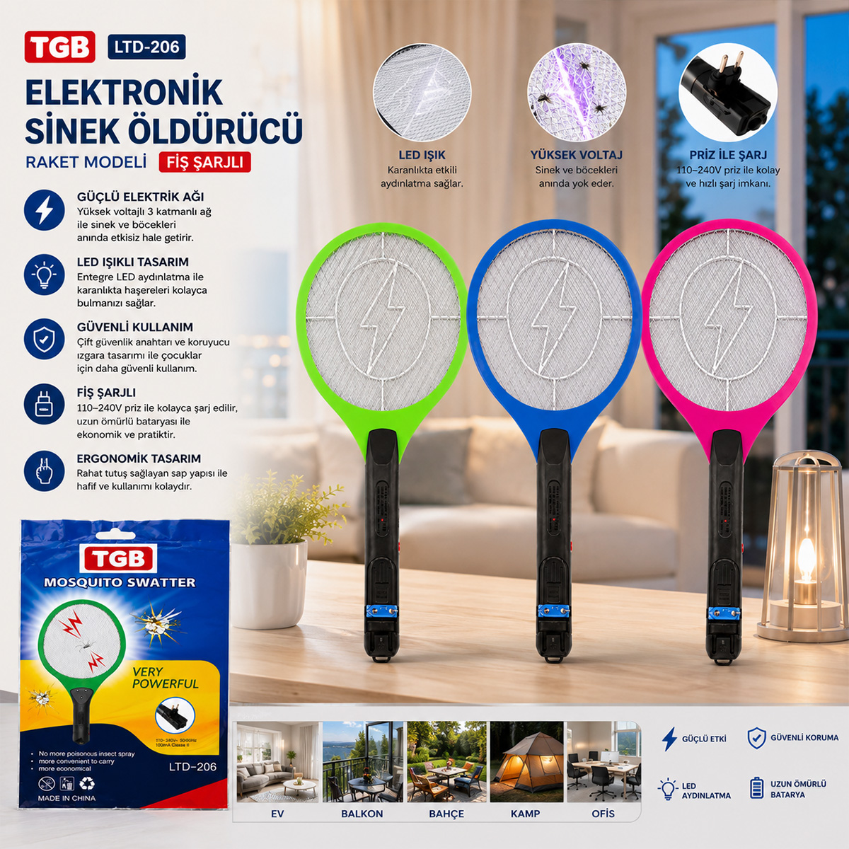 Fiş Şarjlı Elektronik Sinek Öldürücü Raket