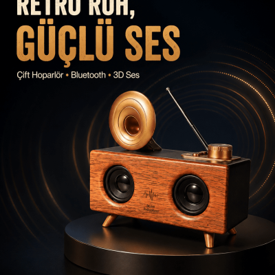 Gramafon Tasarımlı Bluetooth Hoparlör 3D Ses Teknolojili Çok Fonksiyonlu