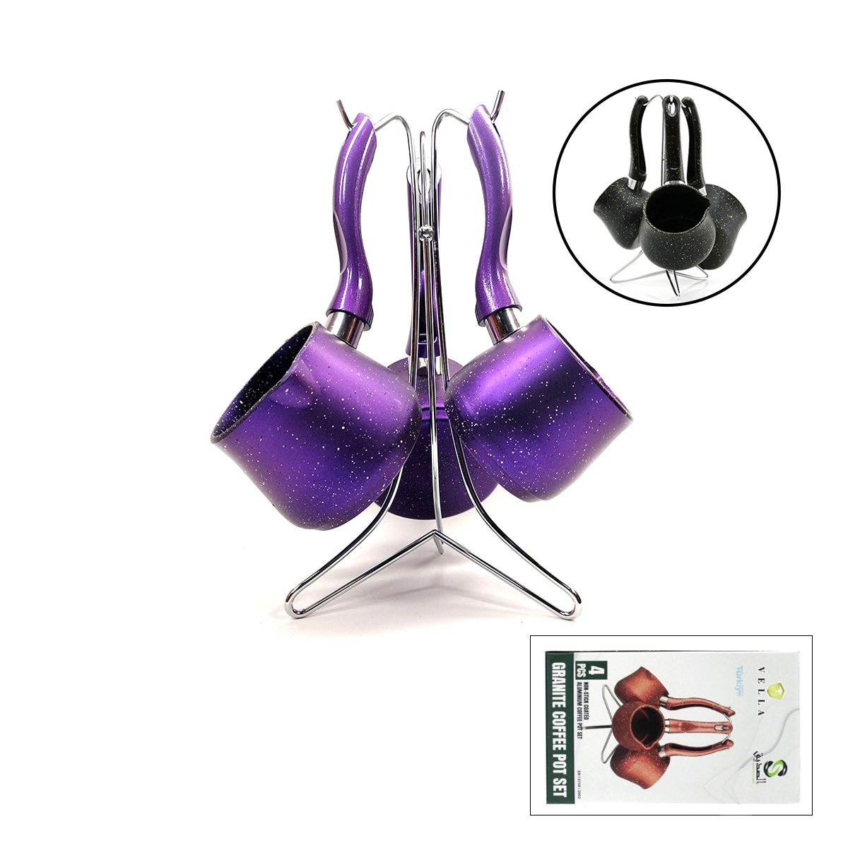 Granit Çelik Cezve Seti (230/280/380 ml) Metal Standlı